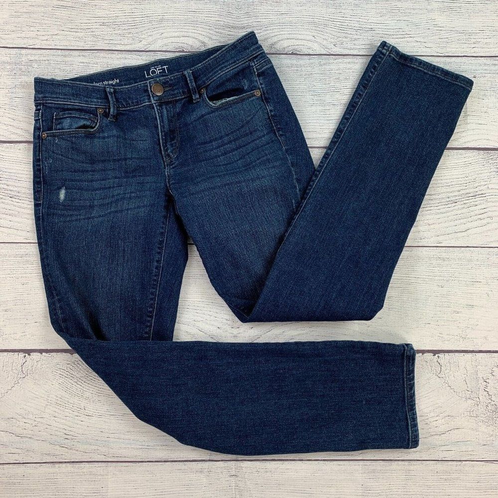 LOFT Jeans sz 27 4 Jeans Modern Straight Dark Wash Distressed Inseam 29.5"